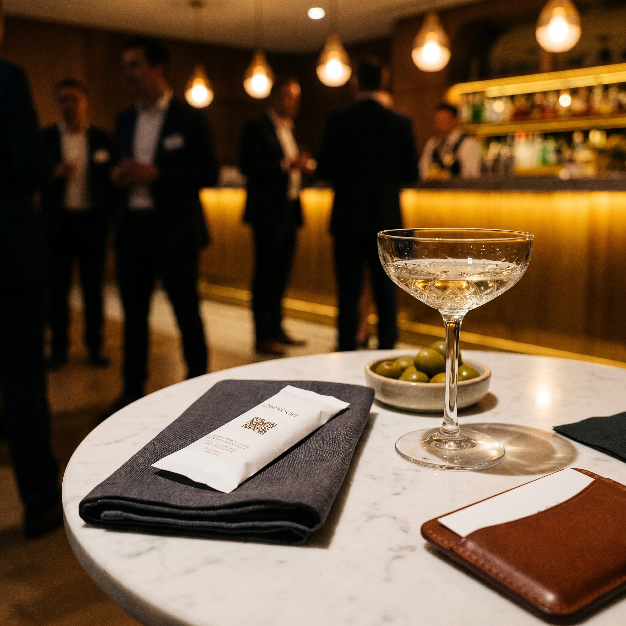 Soirée client en bar, oshibori brandé posé sur table marbre