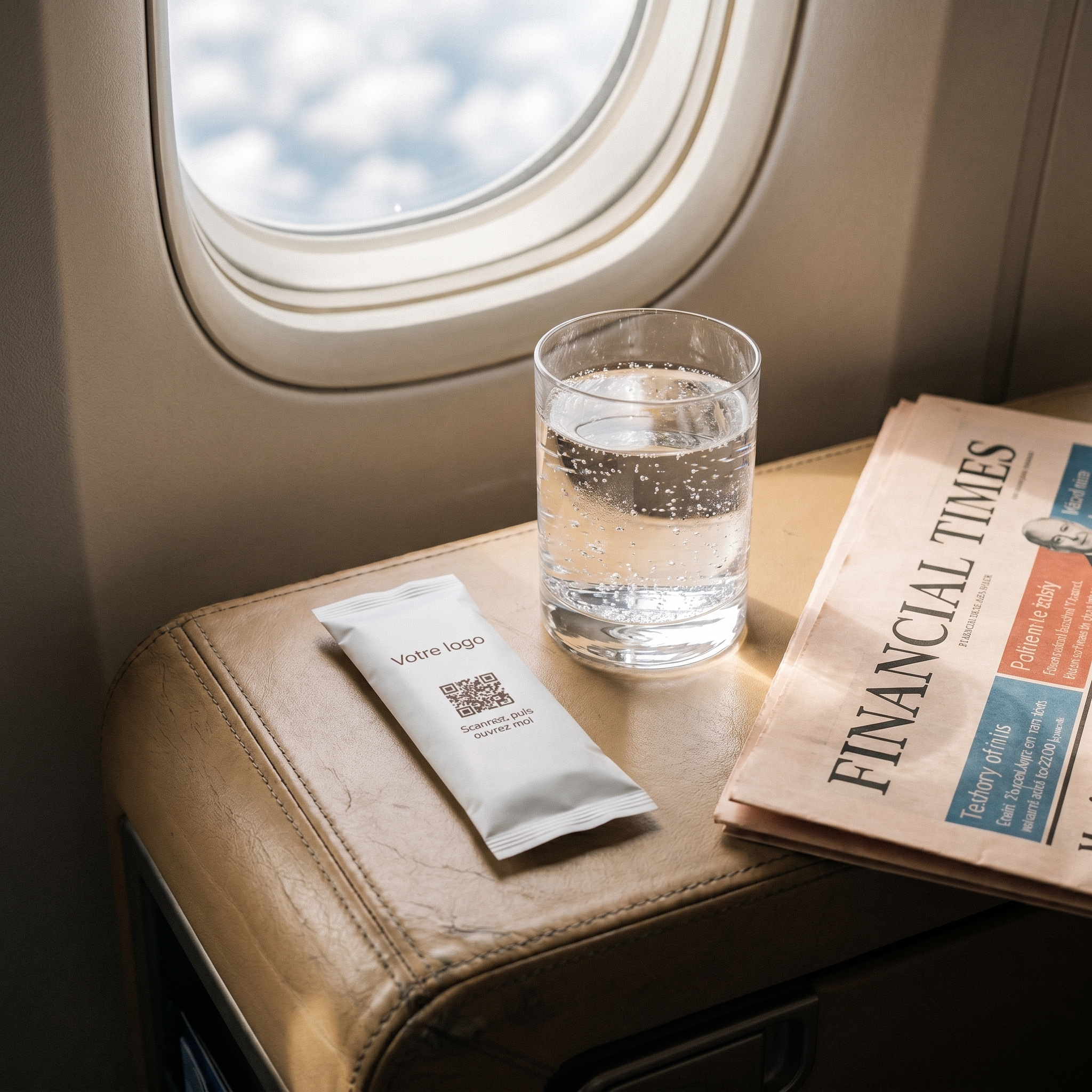 Vol premium, oshibori brandé posé sur accoudoir cuir, Financial Times et verre d'eau
